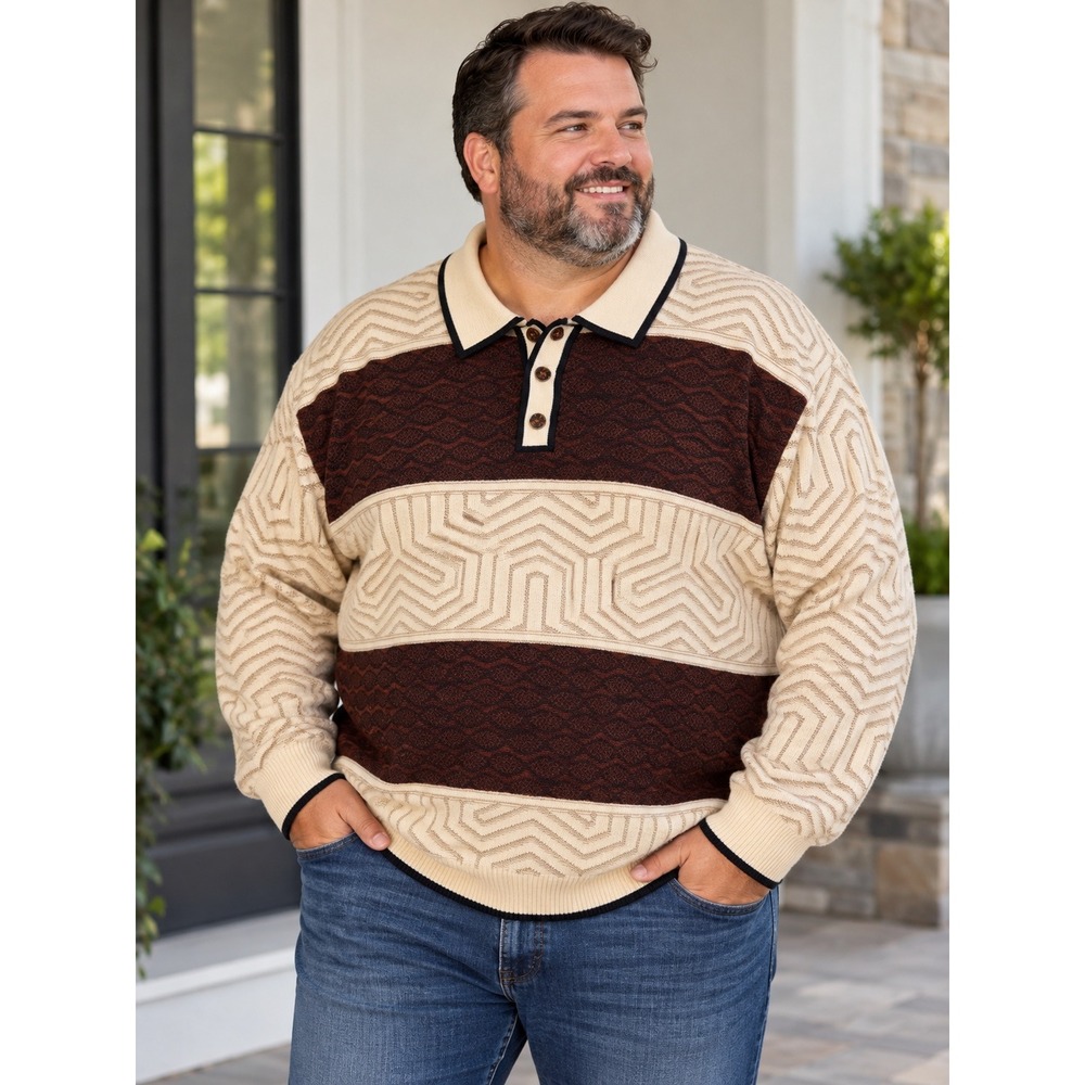 Prestige Original 3XL Wool Viscose Geometric Polo Sweater Brown Cream